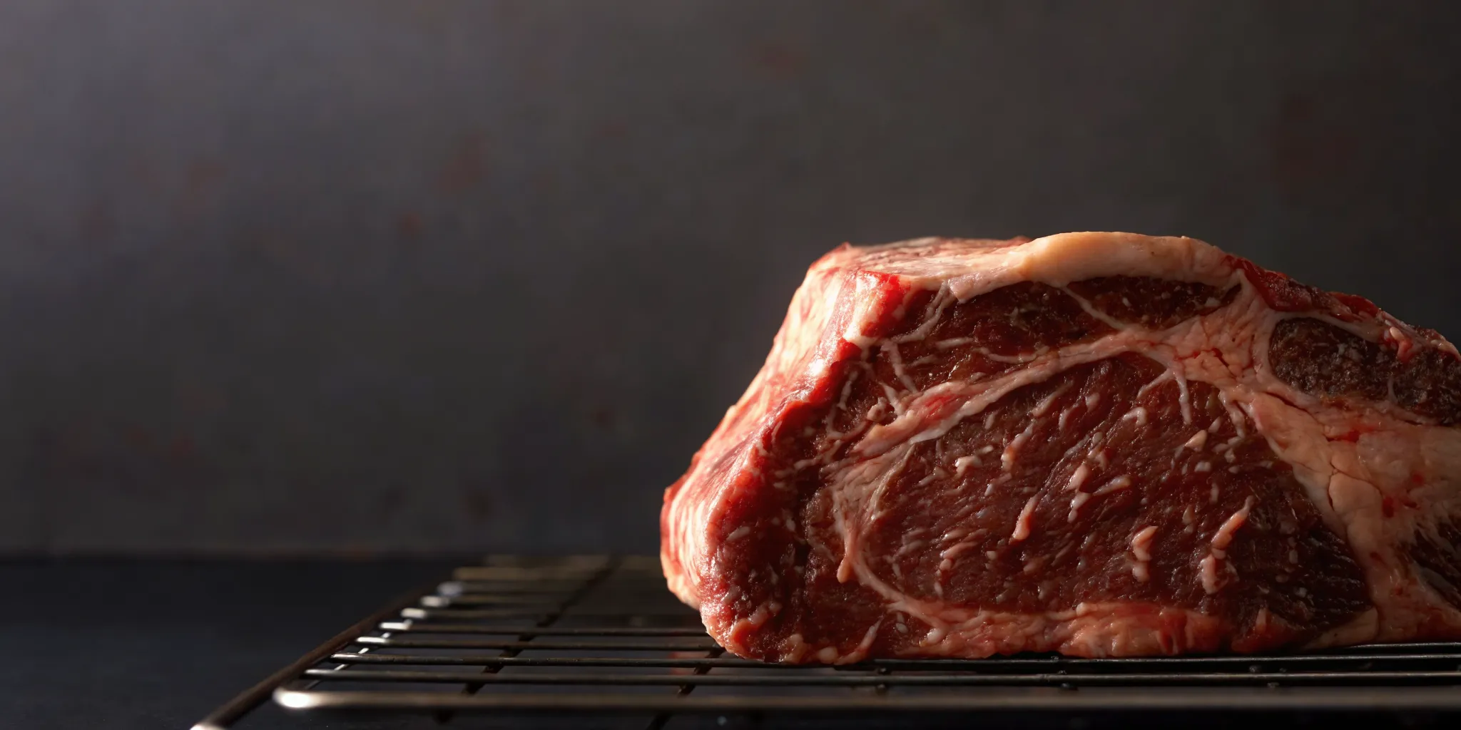 Raw Fullblood Wagyu ribeye steak on a wire rack ready for the reverse sear oven stage