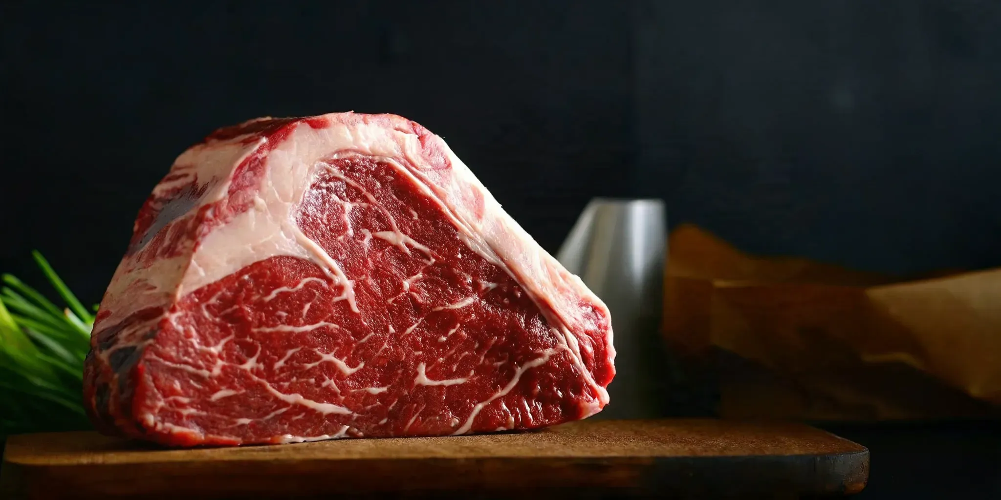 Cross section of heavily marbled Wagyu beef showing intricate white fat webbing throughout the deep red meat