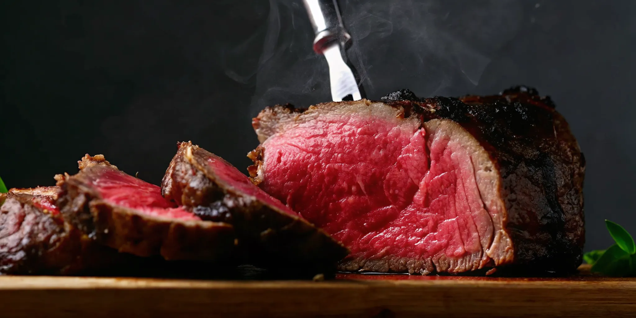 Perfectly reverse seared Wagyu ribeye steak being sliced showing the pink center and dark crust
