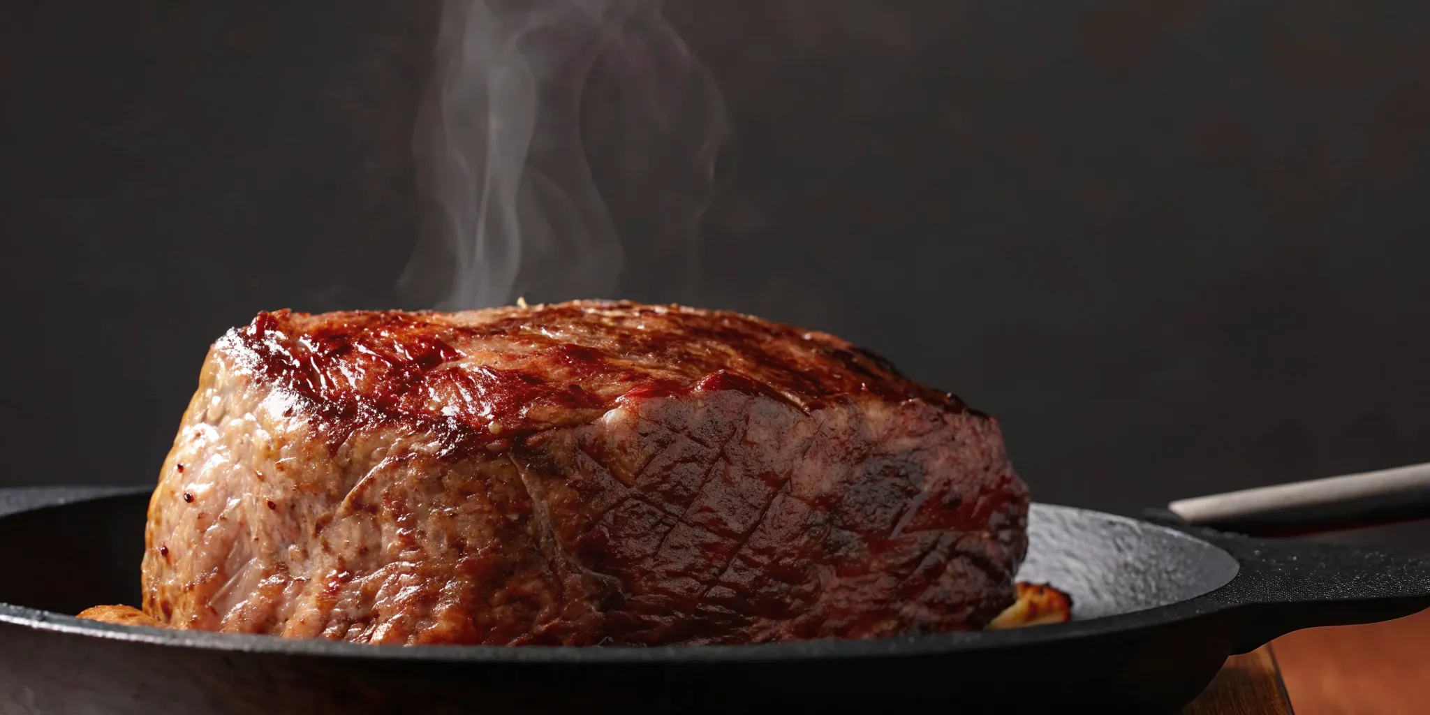 Golden-brown seared Wagyu steak in a cast iron skillet with a crisp crust