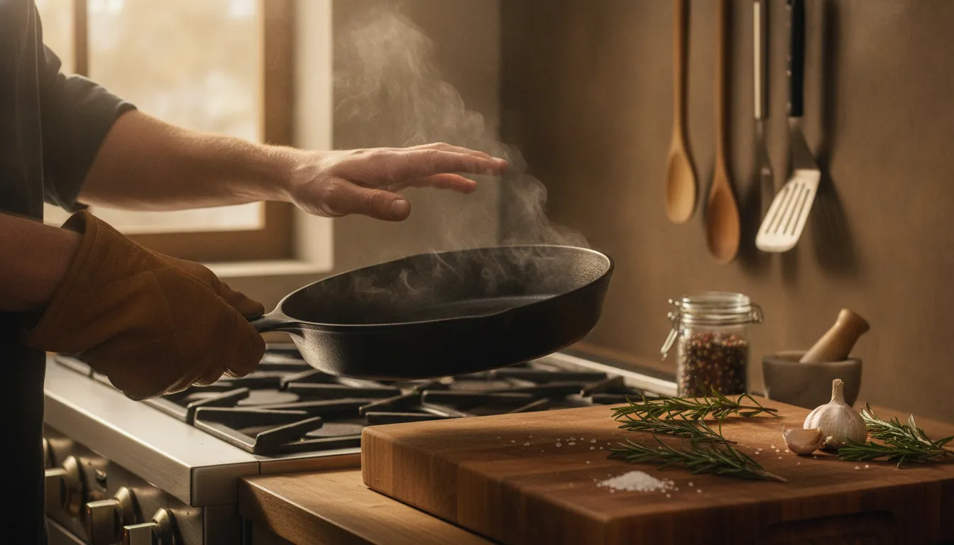 Cast-iron skillet and cooking tools prepared for a steak sear