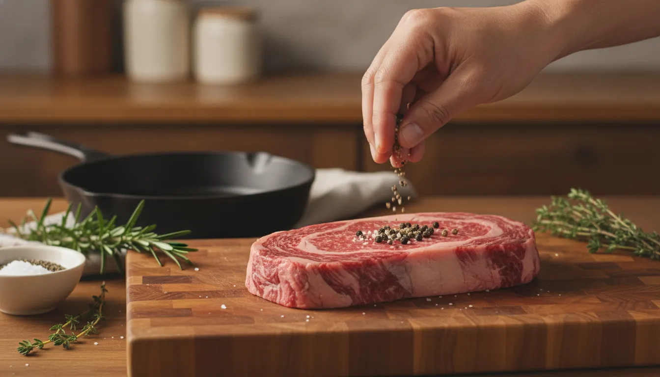 Hand seasoning a marbled Wagyu steak beside a cast iron skillet