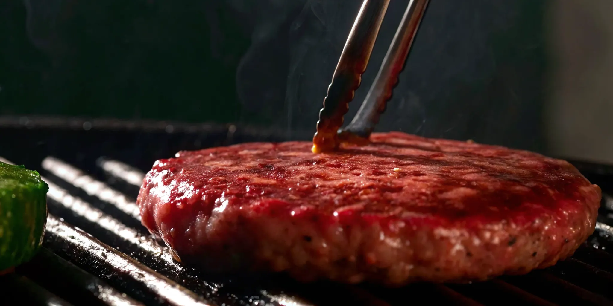 Wagyu burger patty searing on a grill grate