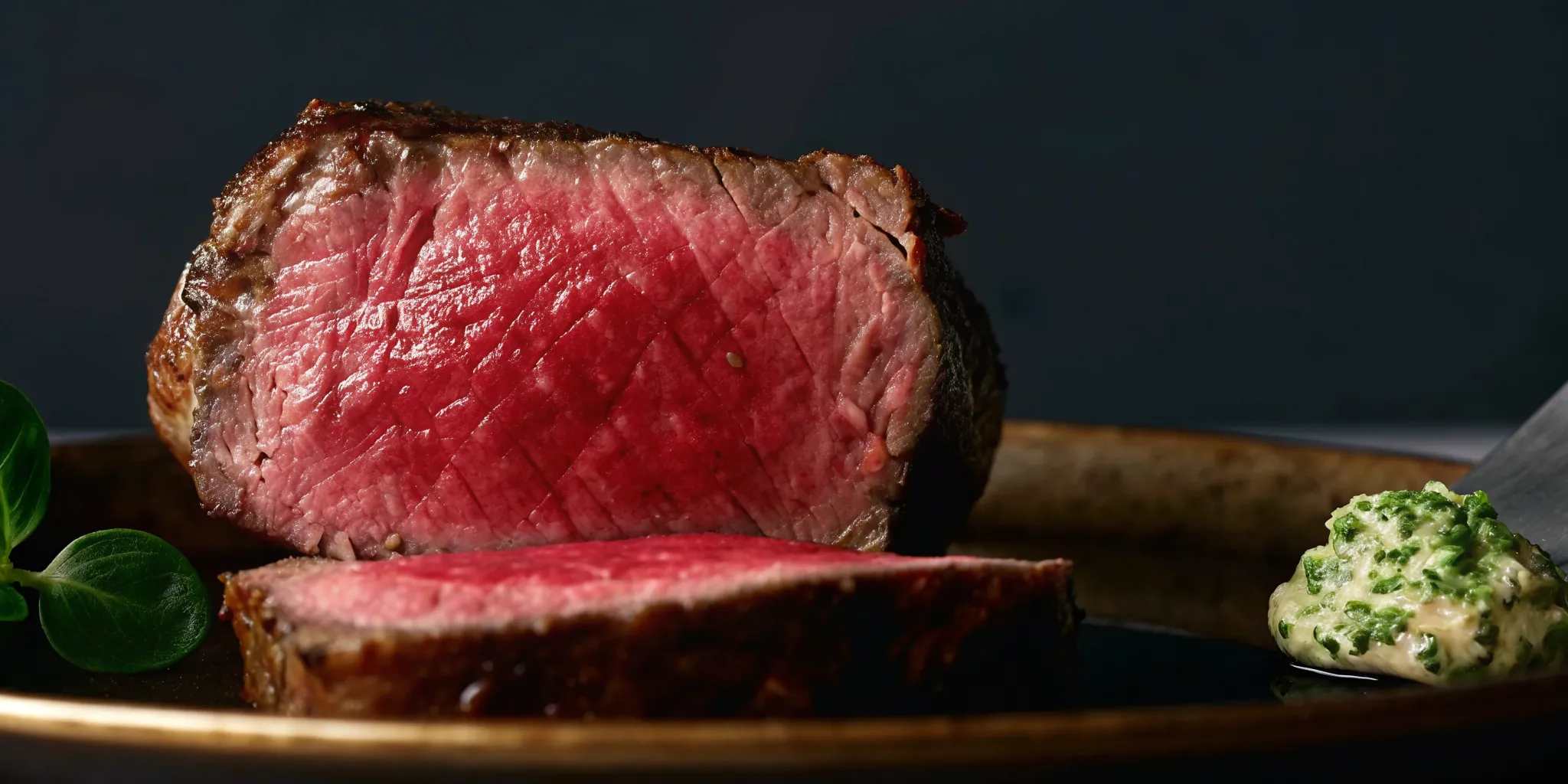 Pan-seared Wagyu filet mignon slice with a pink center and melting herb garlic butter