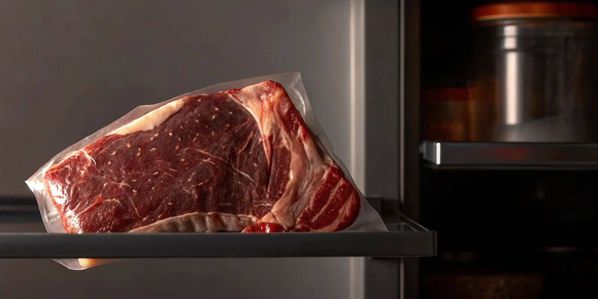Vacuum-sealed Wagyu steak package resting on a refrigerator shelf