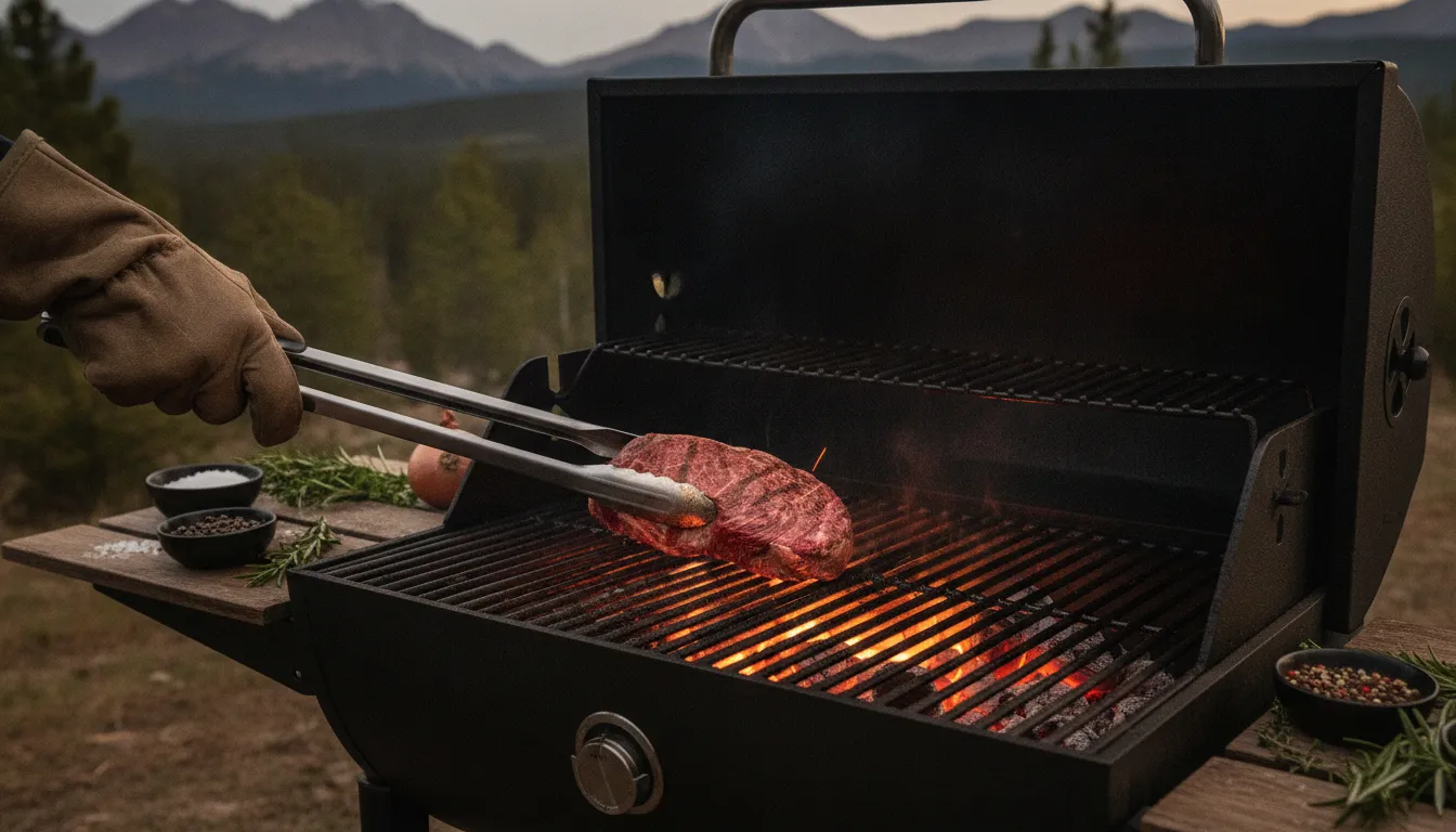 Moving a grilled filet mignon to a cooler grill zone