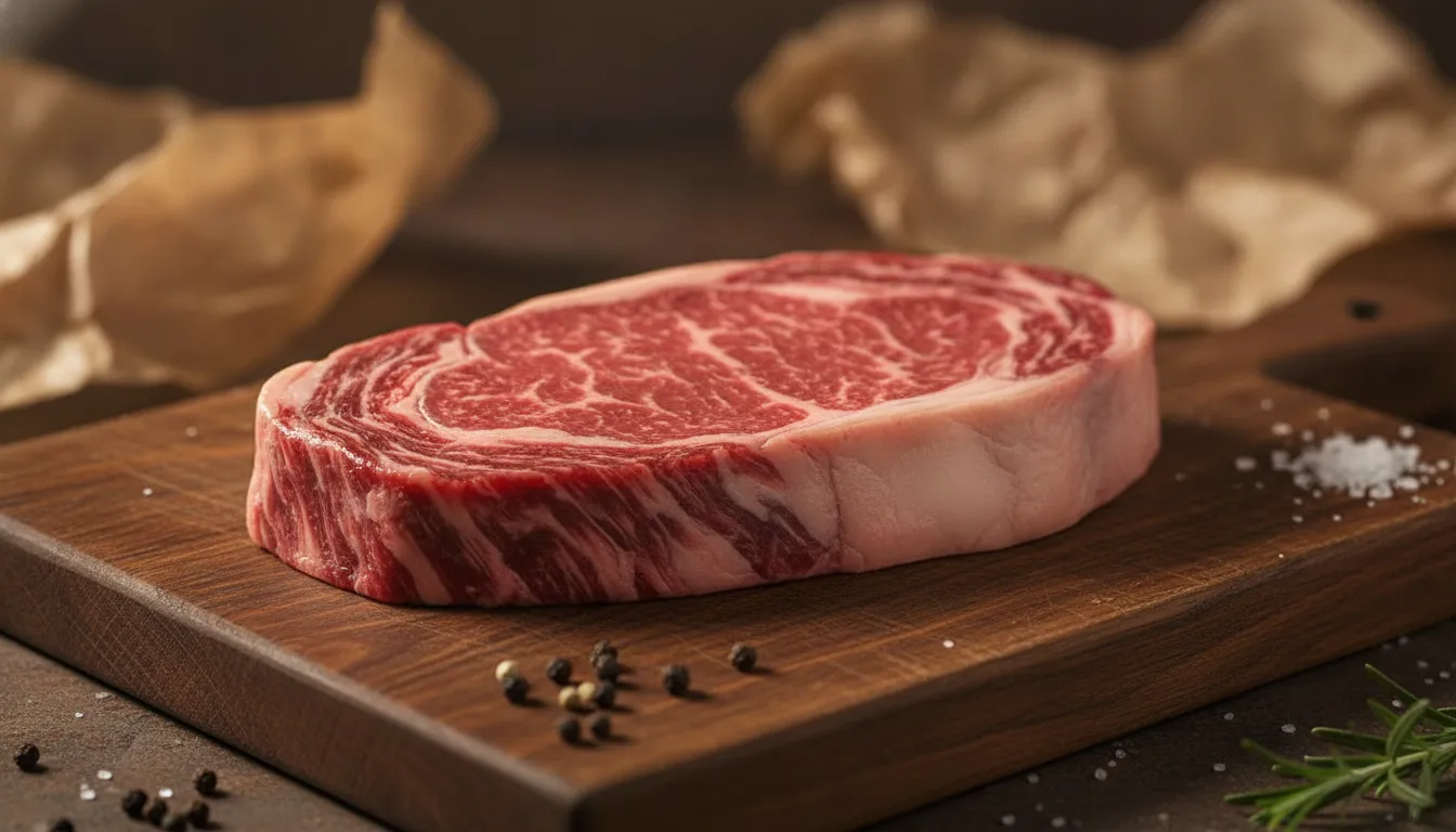 A well-marbled USDA Prime ribeye steak on a cutting board shows the intramuscular fat that supports dry-aged flavor.