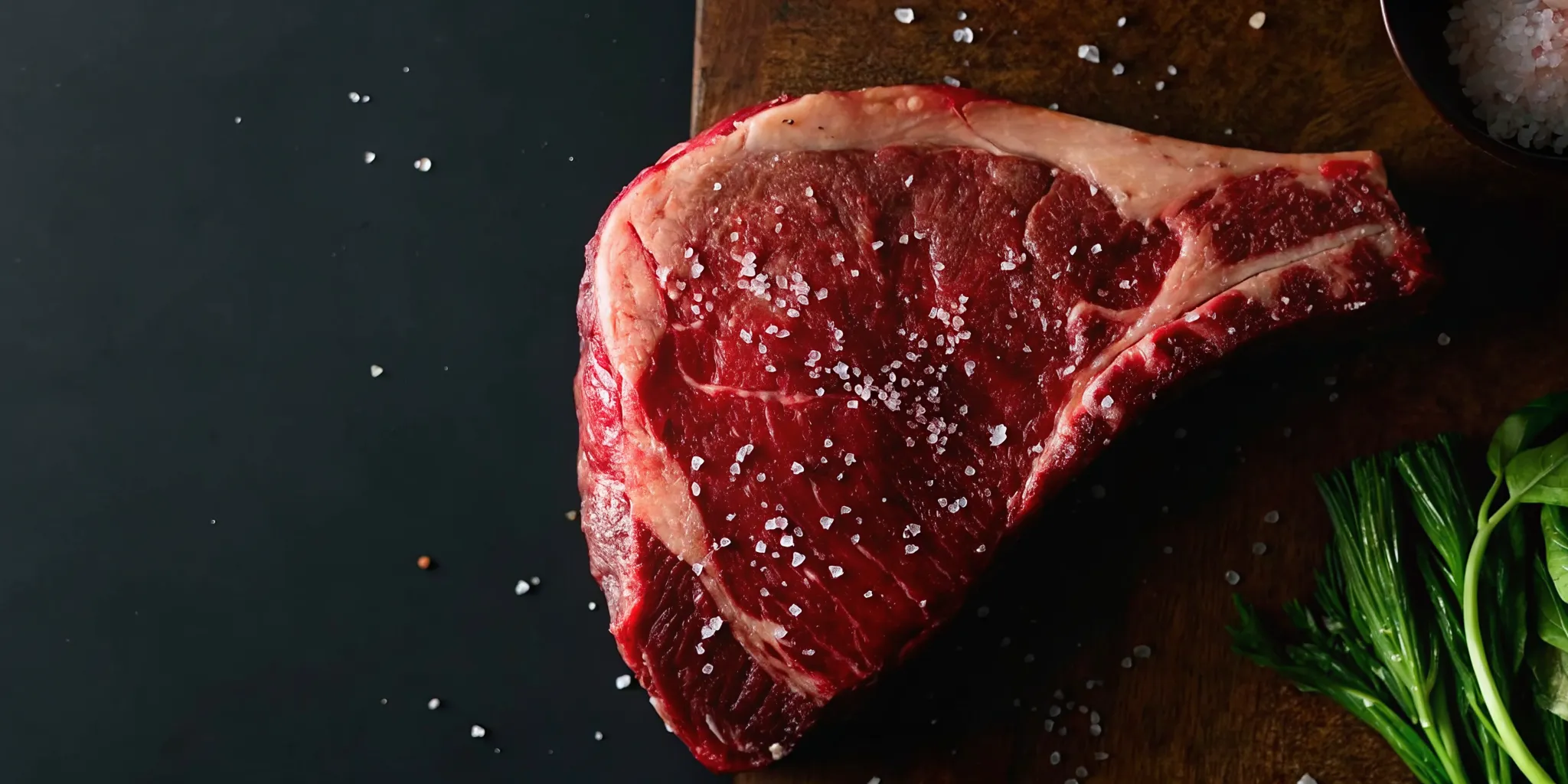 Seared Wagyu ribeye steak with rendered marbled fat resting on a butcher block