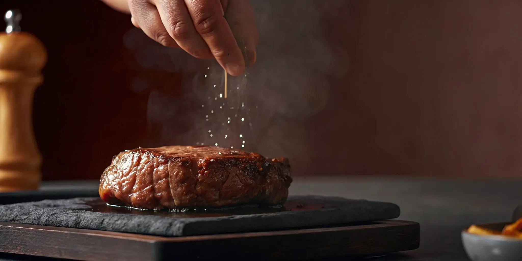 Chef finishing a seared Wagyu steak with flaky sea salt