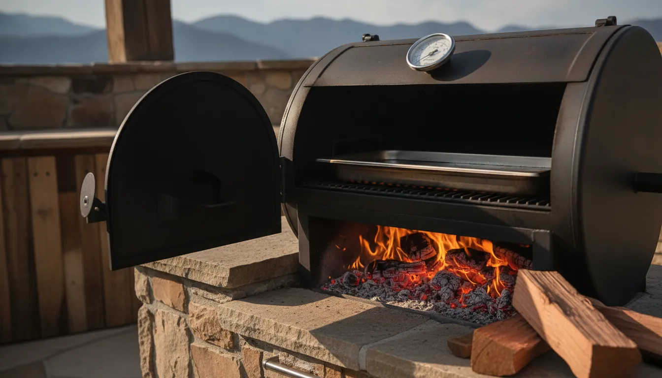 Smoker thermometer, water pan, and hardwood embers in an outdoor cooking setup