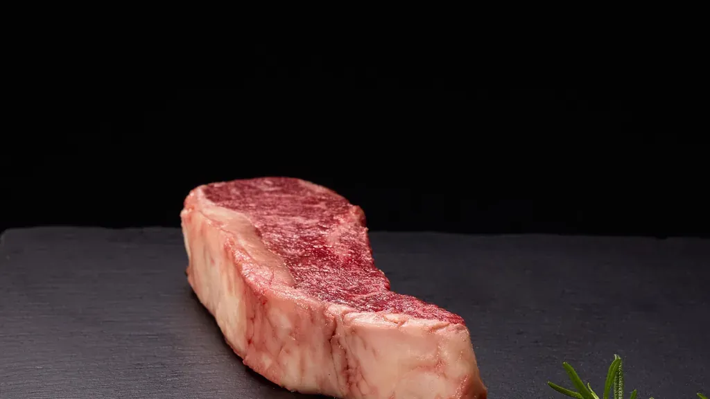 Fullblood Wagyu New York strip steak ready for oven cooking