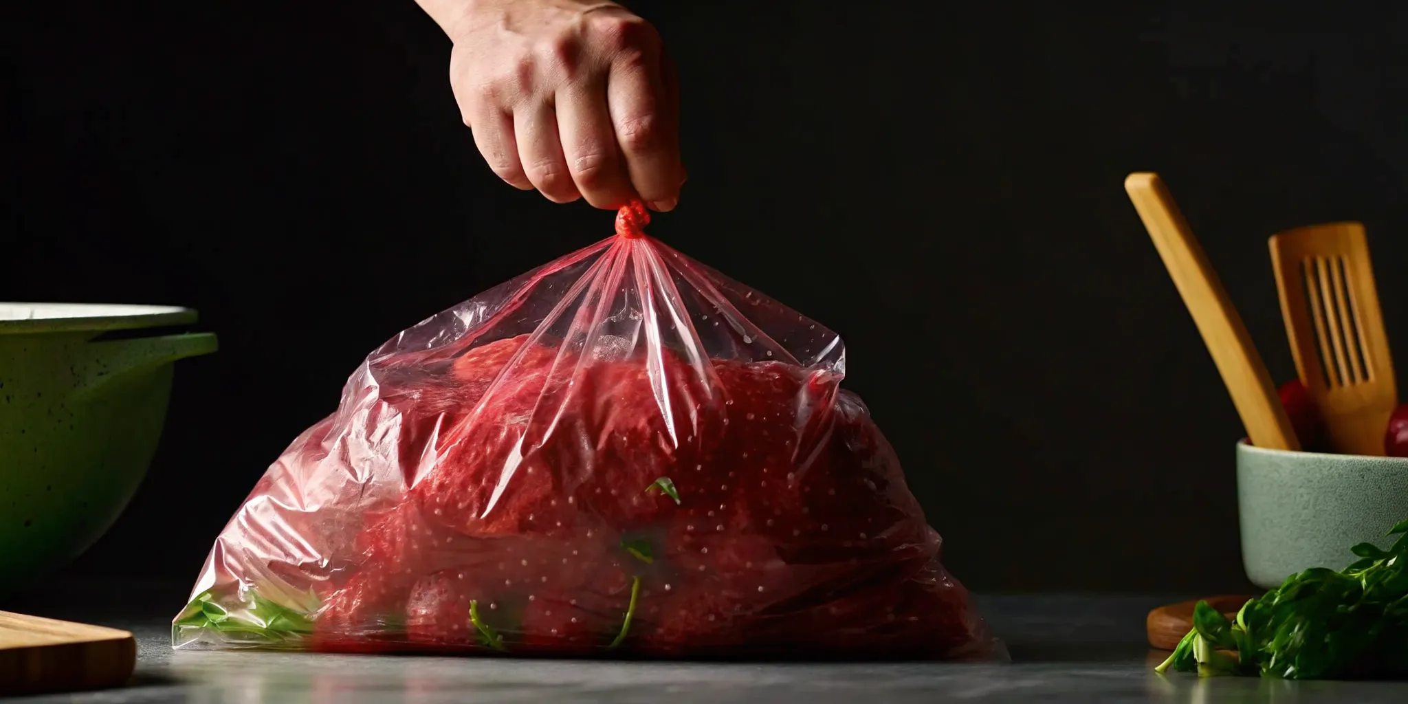 Sealed Wagyu steak submerged in a bowl of cold water on a kitchen counter