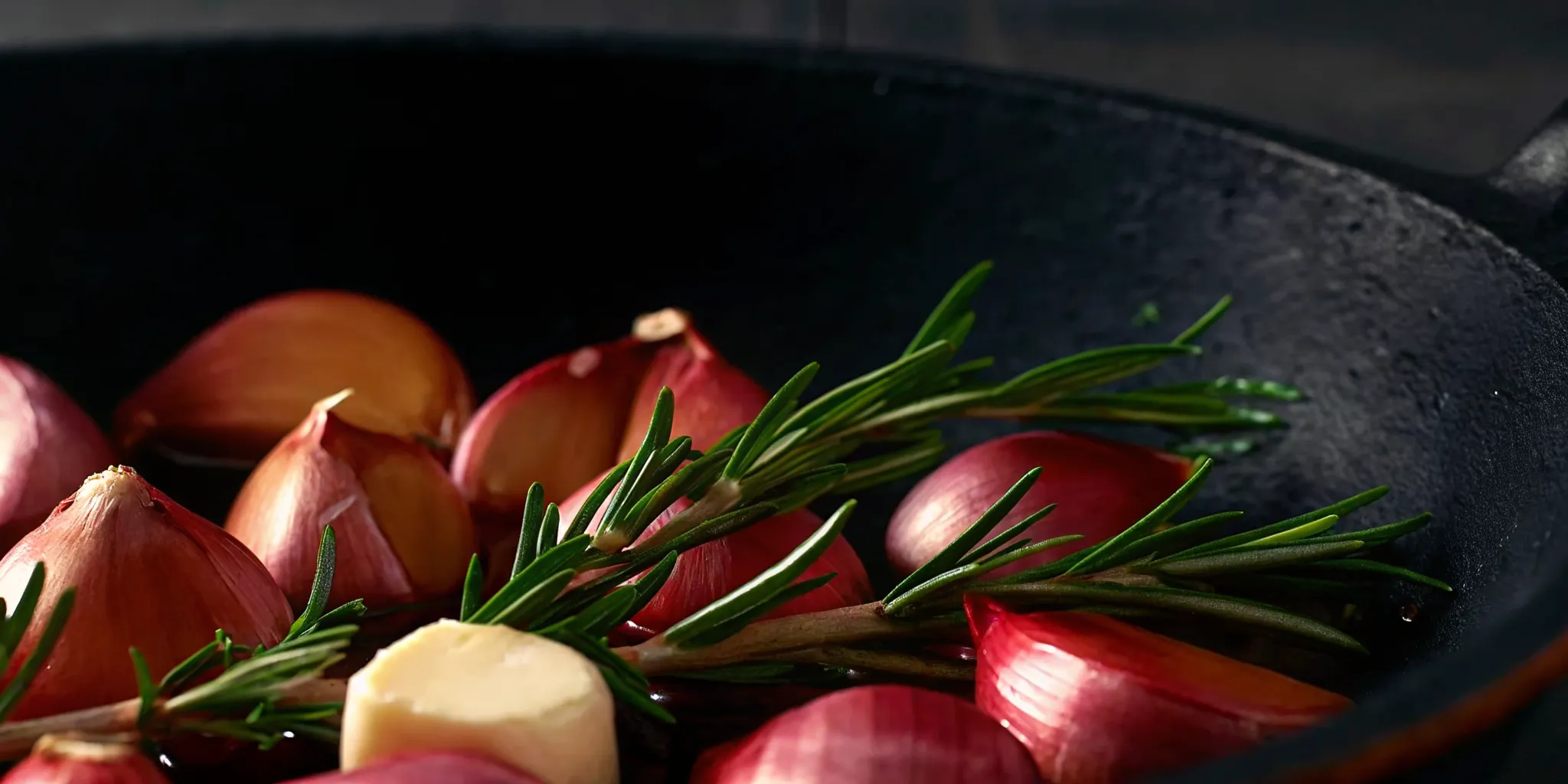 Fresh garlic cloves and aromatic rosemary sprigs sizzling in melting butter inside a hot, seasoned cast-iron skillet