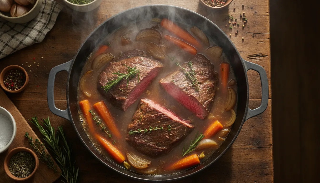 Braised Fullblood Wagyu chuck roast in a cast-iron Dutch oven with root vegetables and rich broth