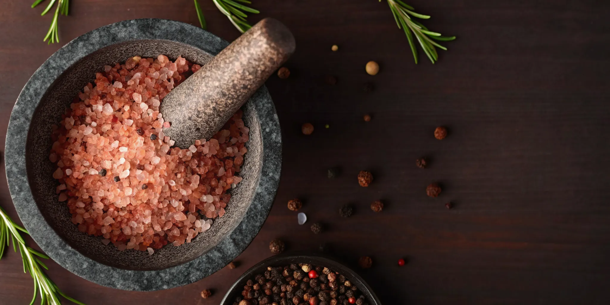 Rustic stone mortar and pestle with whole black peppercorns, coarse sea salt, and fresh herbs on a dark wooden prep surface