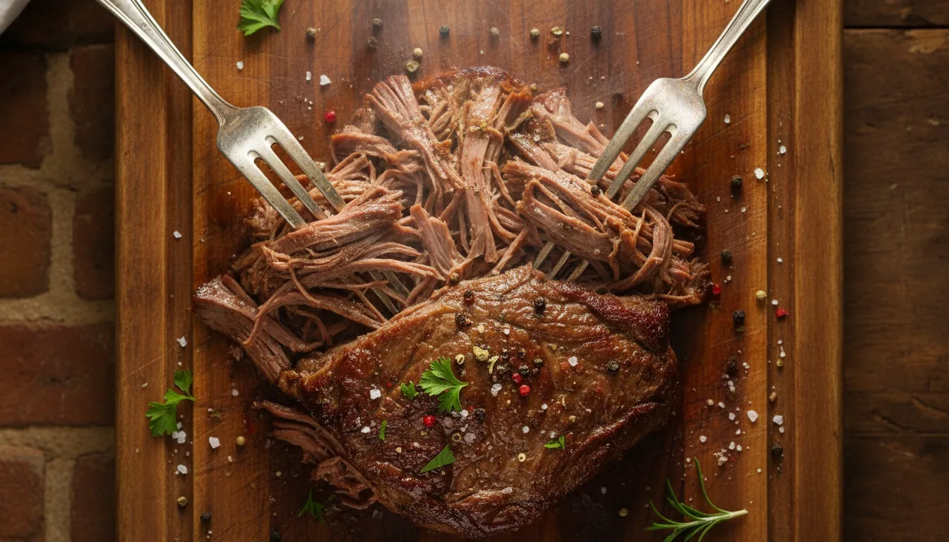 Tender shredded wagyu chuck roast pulled apart with forks on a wooden cutting board