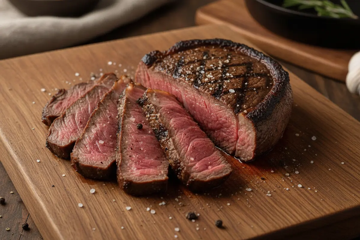 Rested grilled top sirloin sliced across the grain for serving