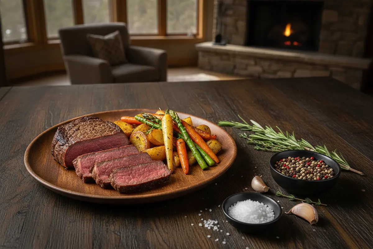 Sliced Wagyu filet served with roasted vegetables at a weeknight dinner