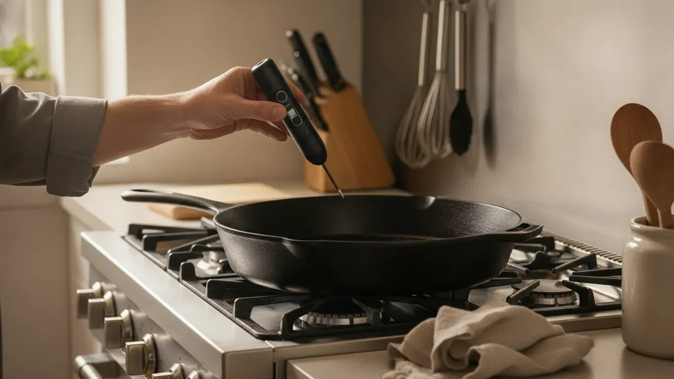 Instant-read thermometer held over a cast-iron skillet on a stovetop