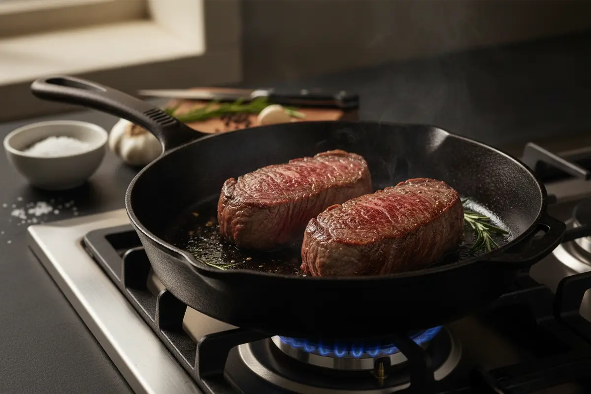 Wagyu filet steaks searing in a hot cast-iron skillet