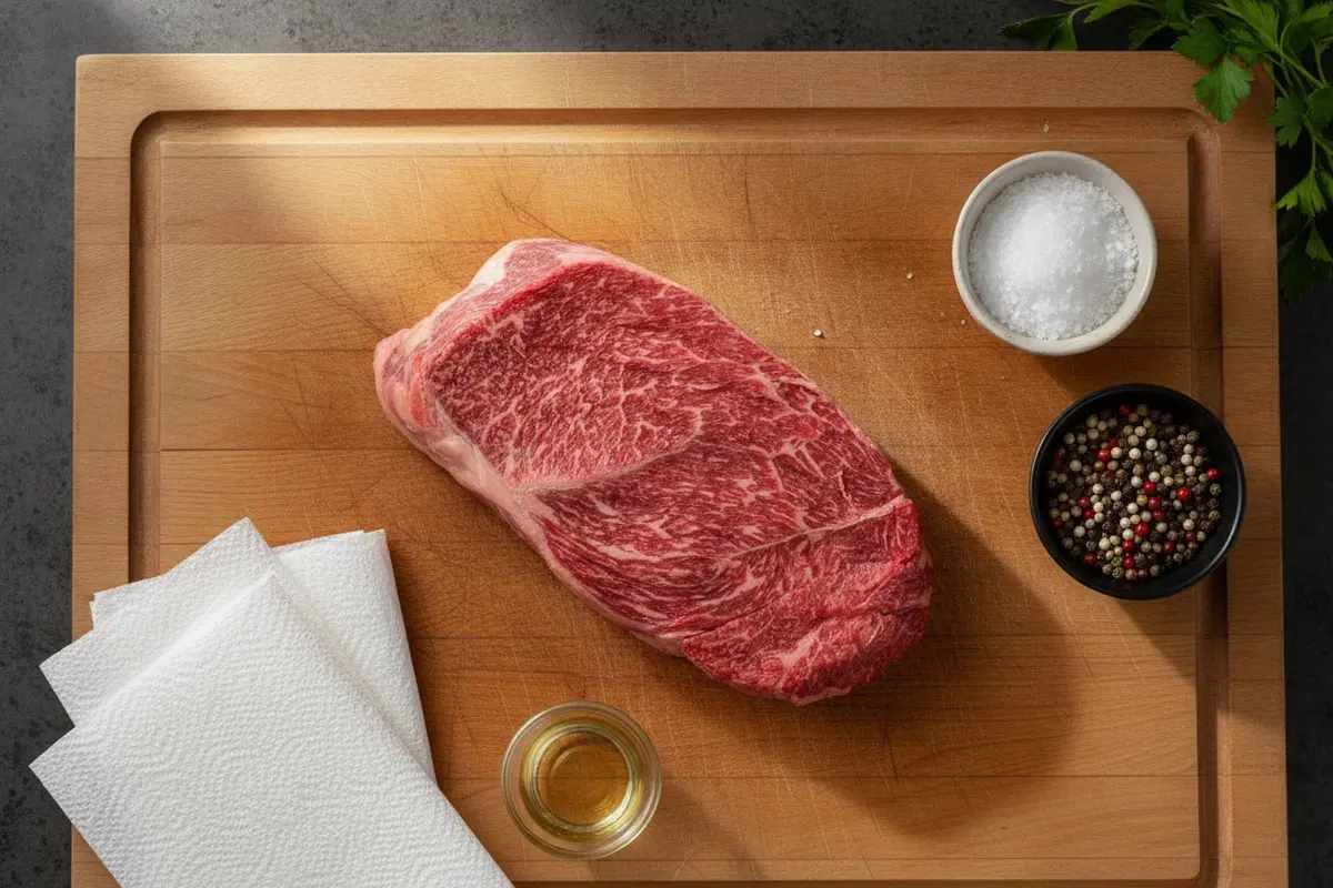 Wagyu outside skirt steak patted dry and seasoned before cooking
