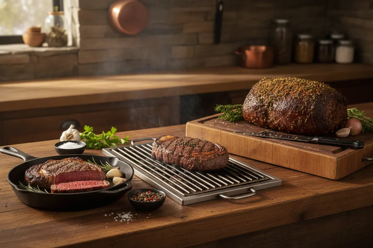 Wagyu steak in a skillet, on a grill, and sliced as a roast