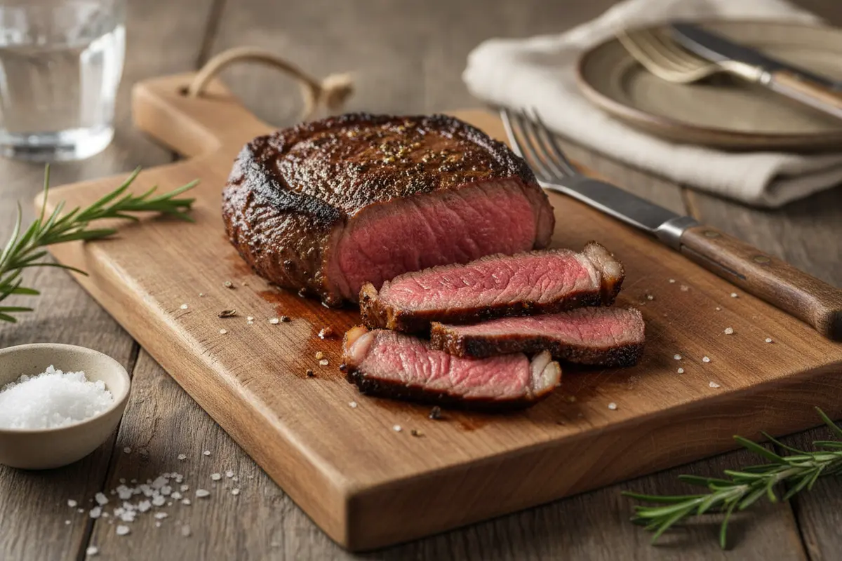 Wagyu teres major sliced across the grain after resting