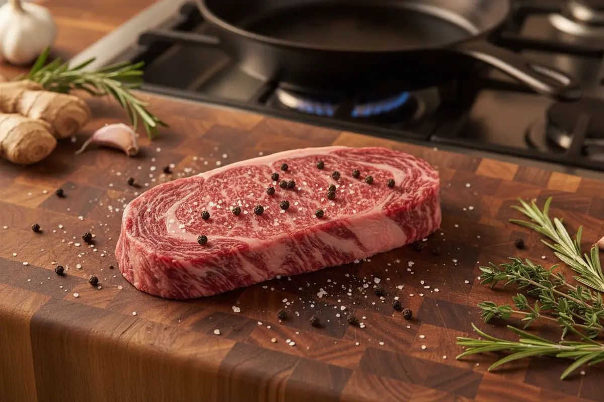 Wagyu teres major steak patted dry and seasoned before cooking