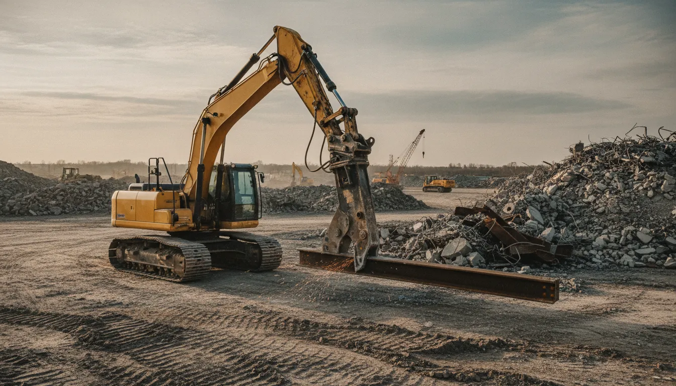 Tracked excavator using a hydraulic shear to cut steel at a demolition site