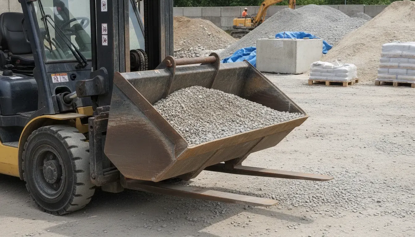 Forklift bucket attachment carrying aggregate in a materials yard