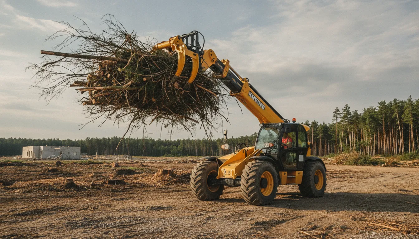 Telehandler grapple attachment lifting a brush pile