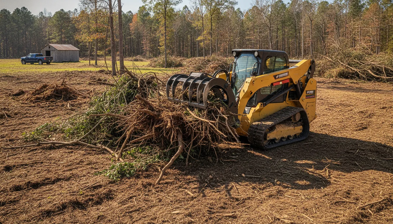 Skid steer root grapple vs rock grapple comparison in mixed brush and debris handling