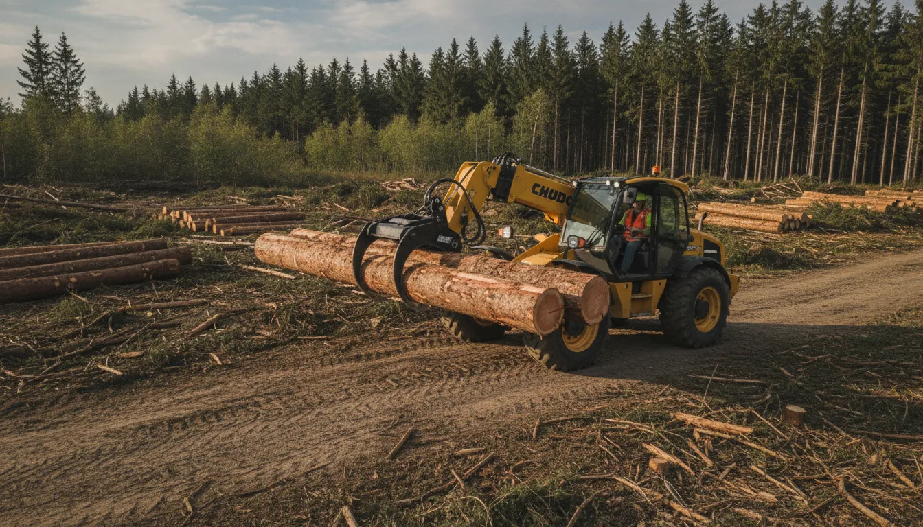 Telehandler grapple attachment carrying logs low to the ground