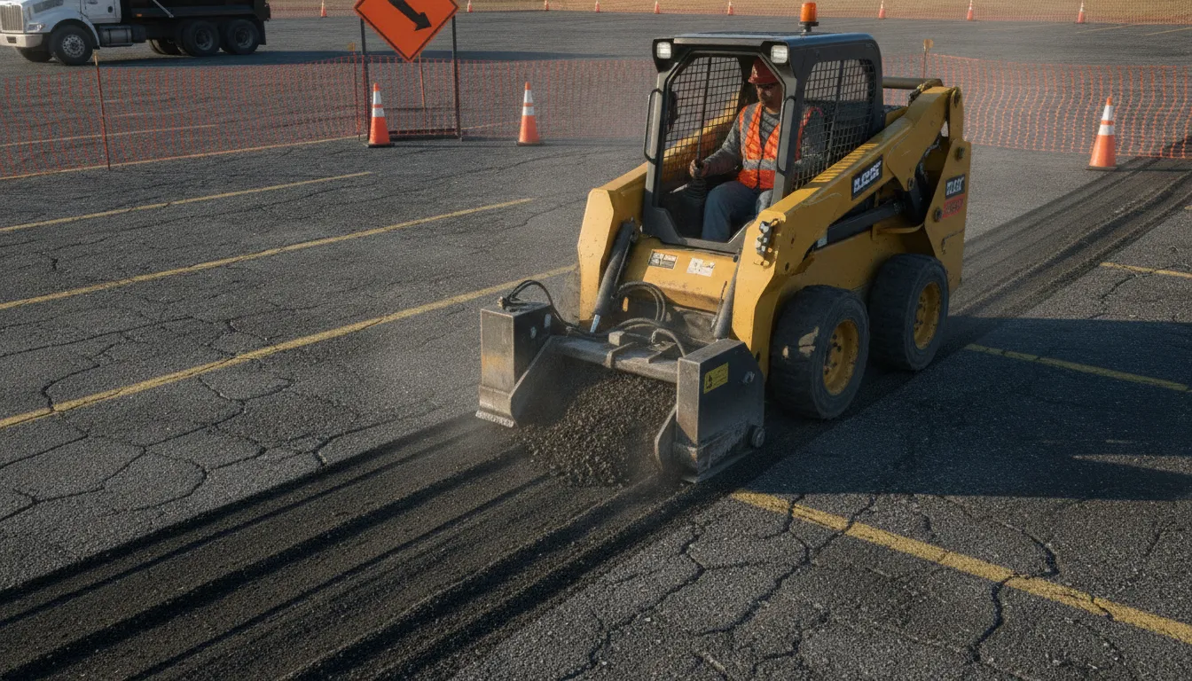Skid steer cold planer attachment milling damaged asphalt