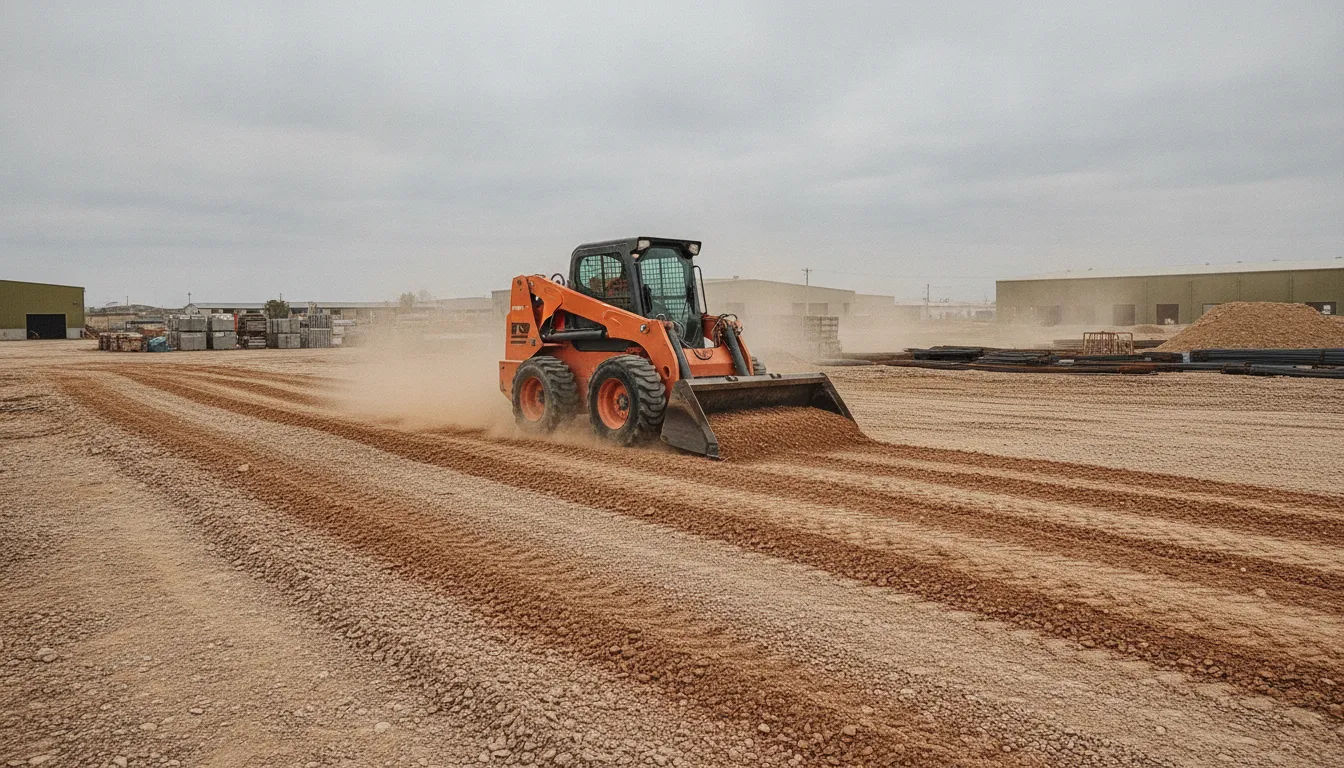 Skid steer with an angle broom attachment pushing debris across a paved construction site