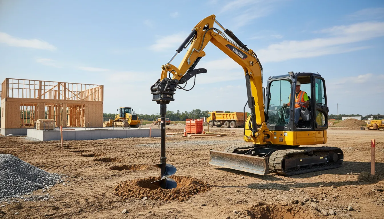 Excavator auger attachment drilling clean holes in standard soil