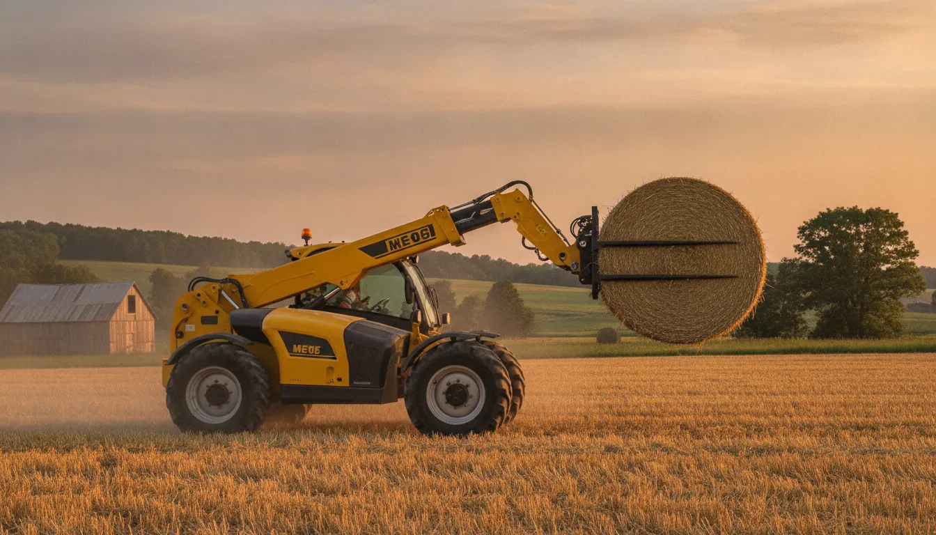 Telehandler bale spear carrying a round hay bale in a farm field