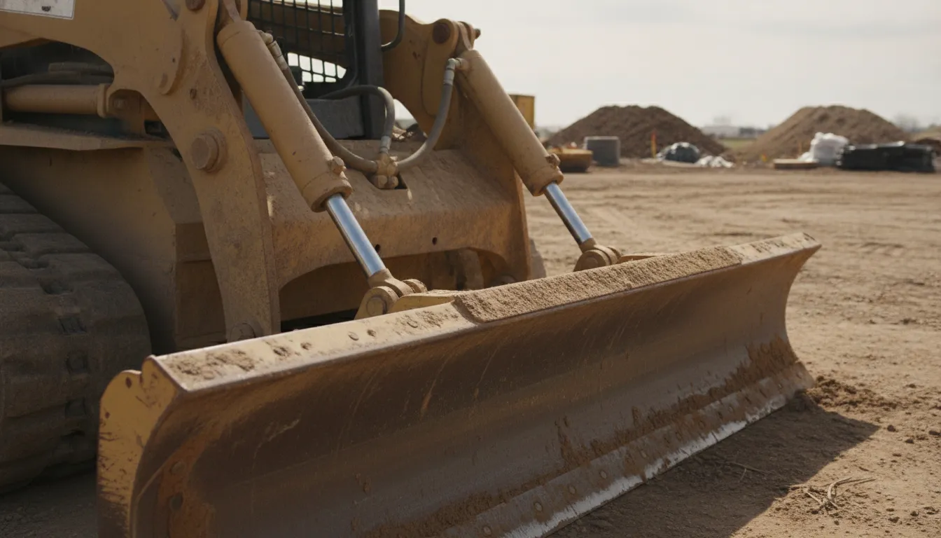 Skid steer grader attachment moldboard and cutting edge detail on a construction site