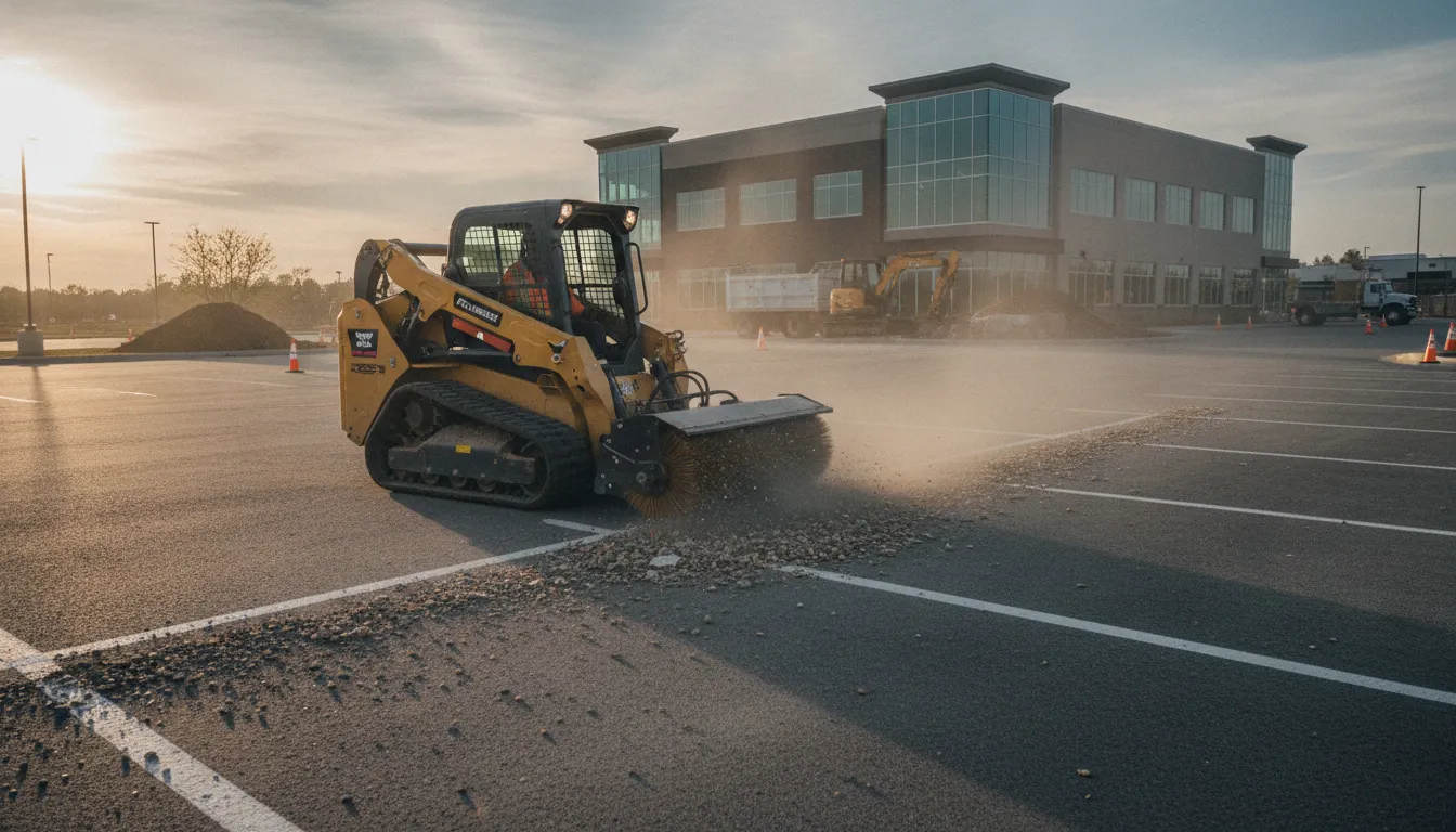 Mini skid steer broom sweeping debris from a paved parking lot