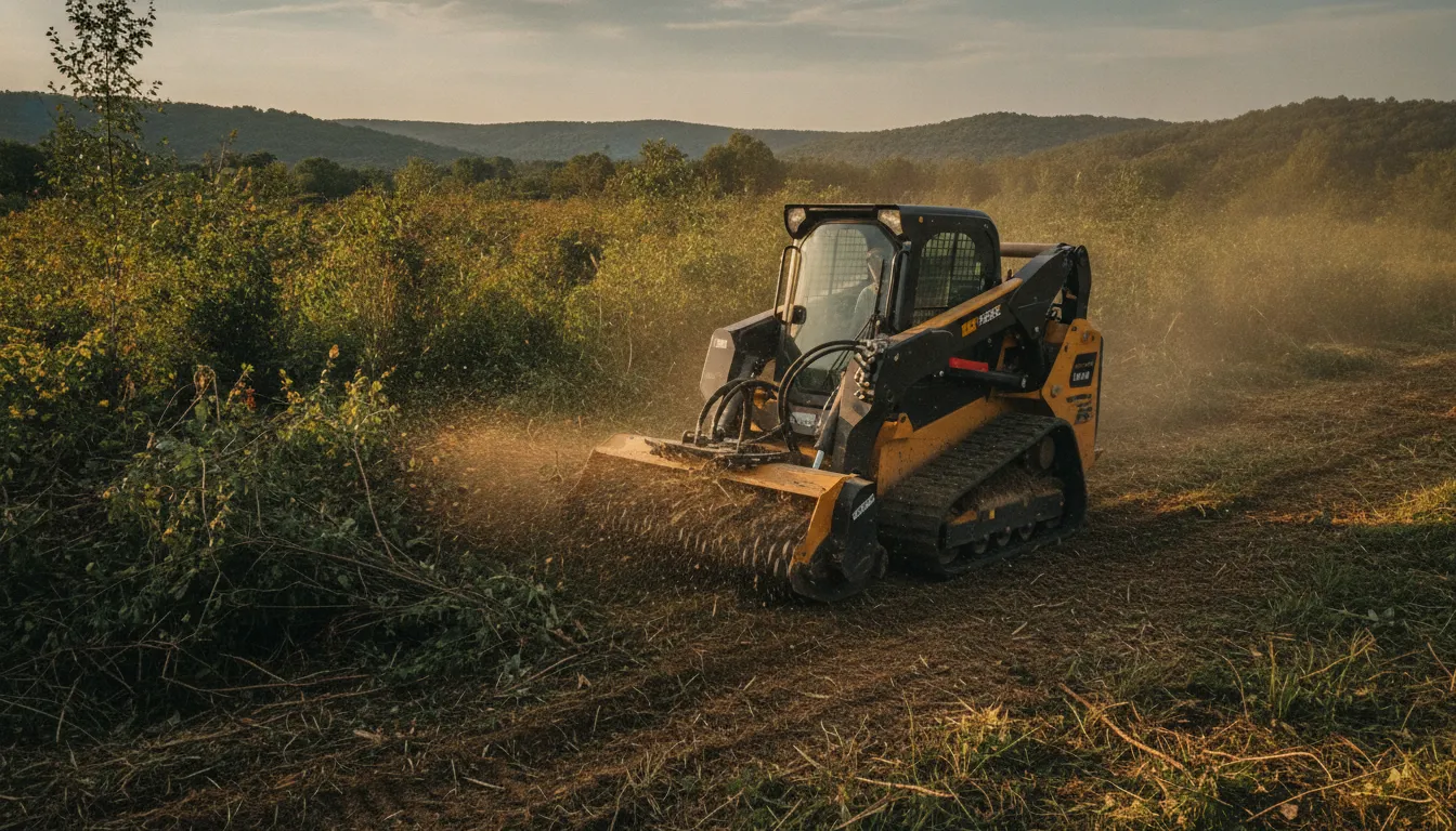 Skid steer mulcher clearing thick brush on land