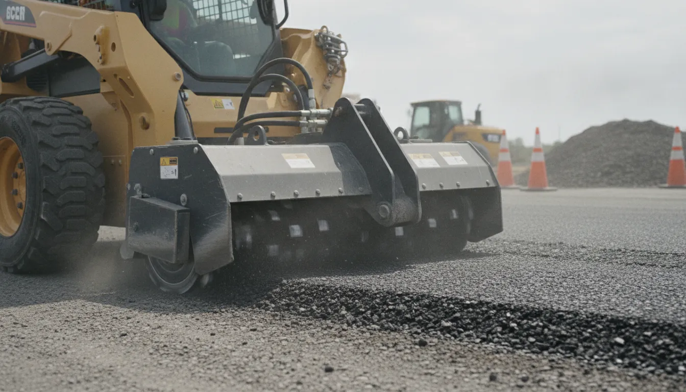 Close view of a skid steer cold planer attachment drum and cutting teeth