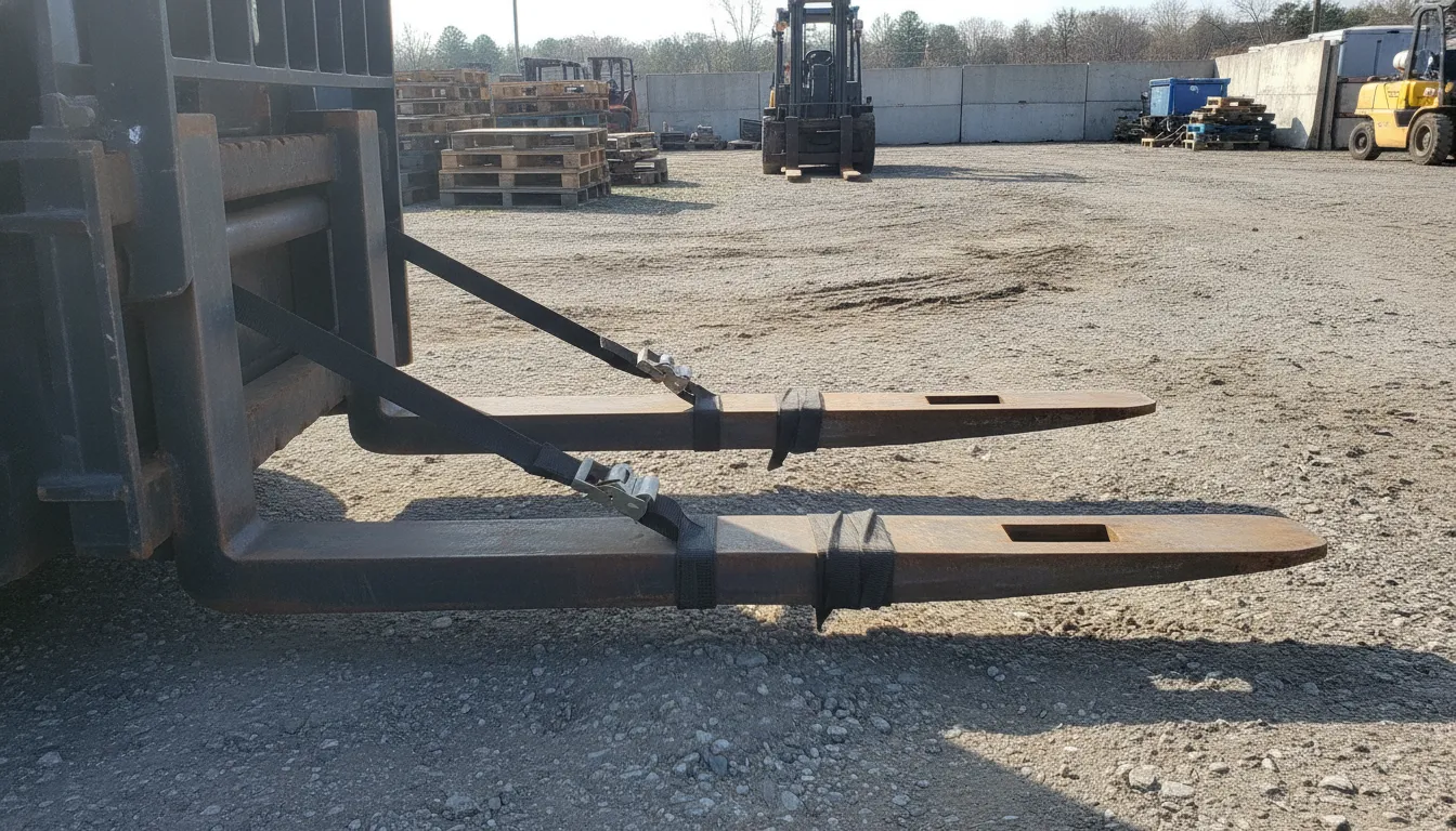 Retaining straps securing fork extensions over pallet forks