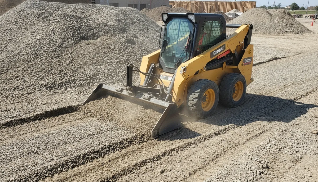 Skid steer loader with box grader attachment leveling gravel on a construction job site