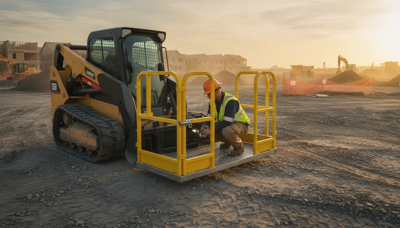 Operator inspecting a skid steer work platform attachment before use