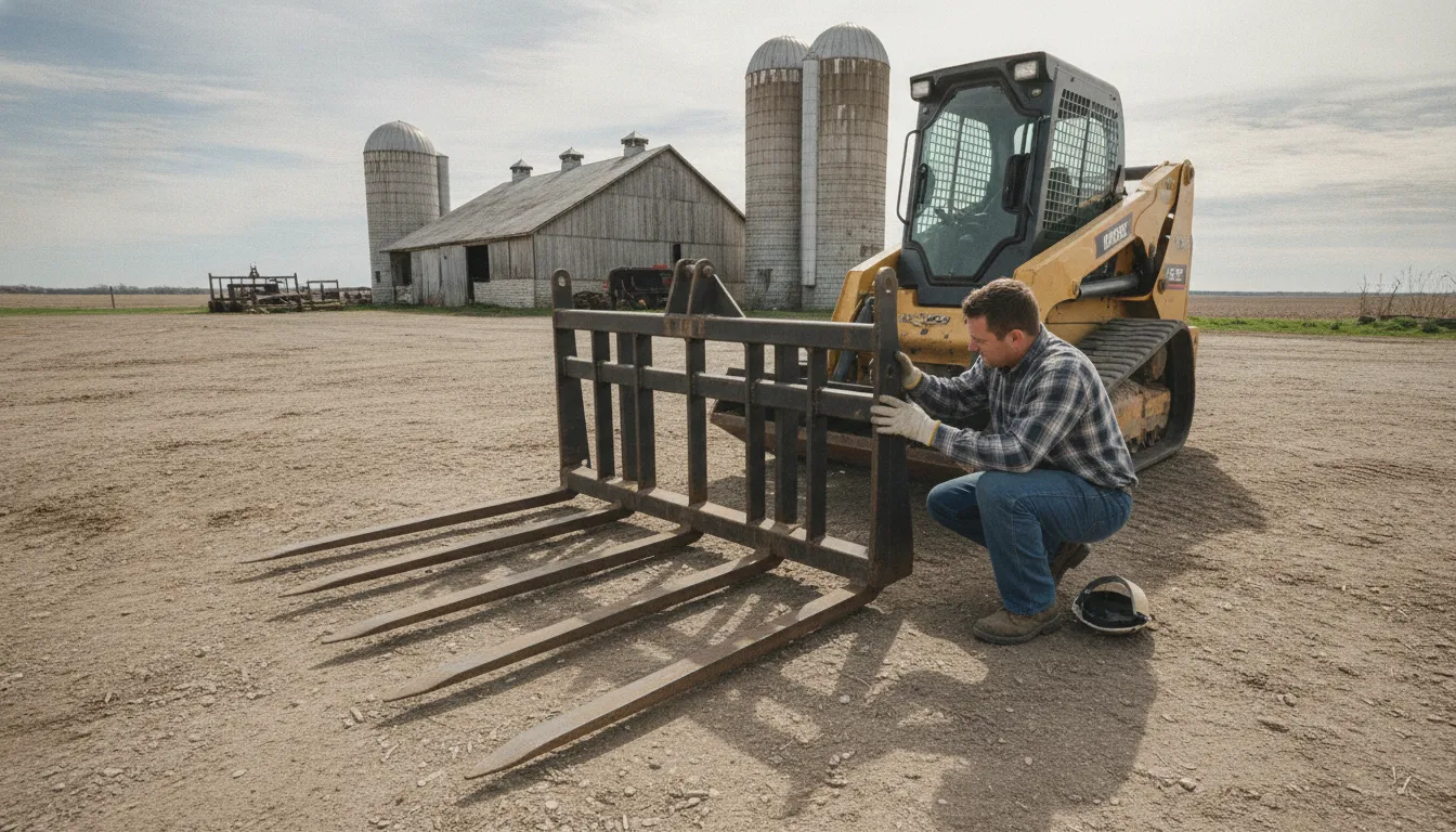 Operator inspecting manure fork attachment tines and quick attach plate