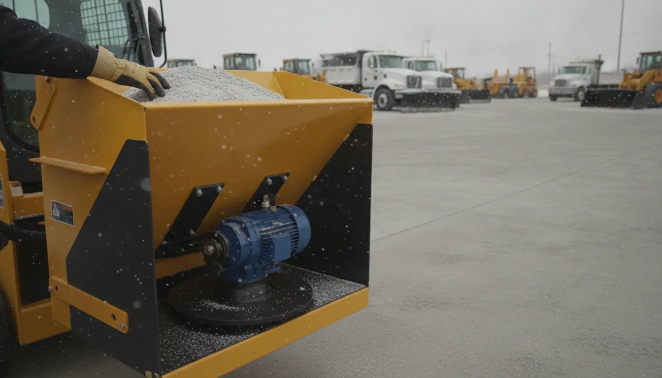 Salt spreader hopper and spinner inspected before a winter storm