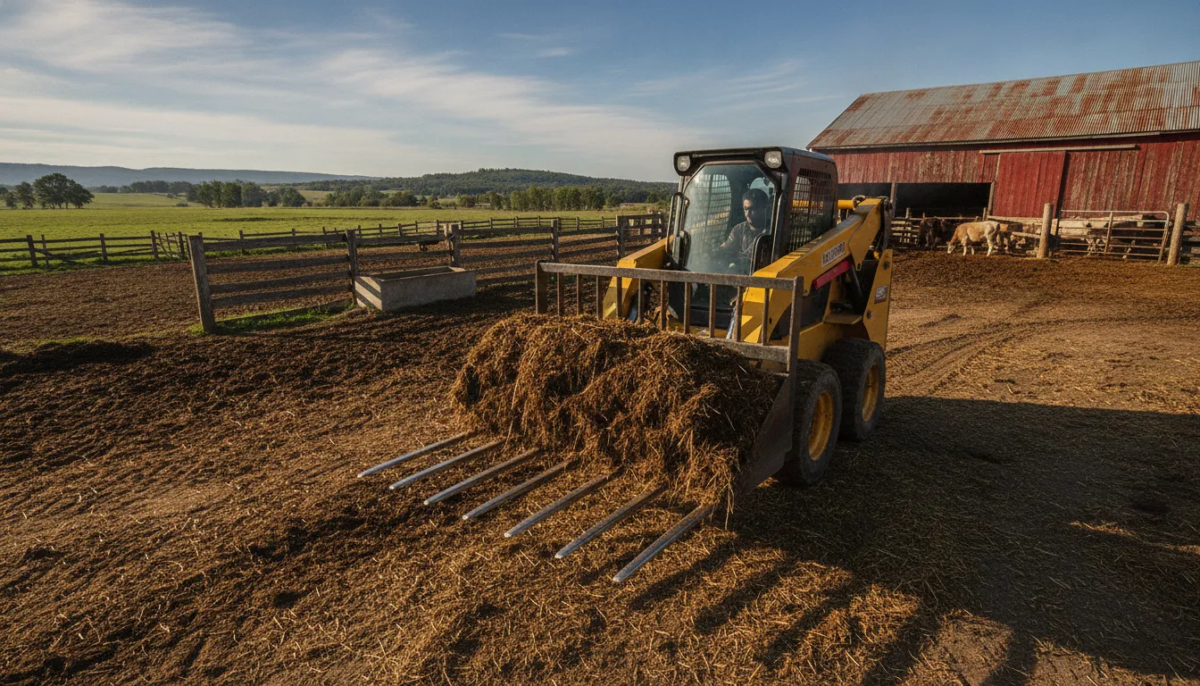 Skid steer manure fork attachment moving bedding in a farm yard