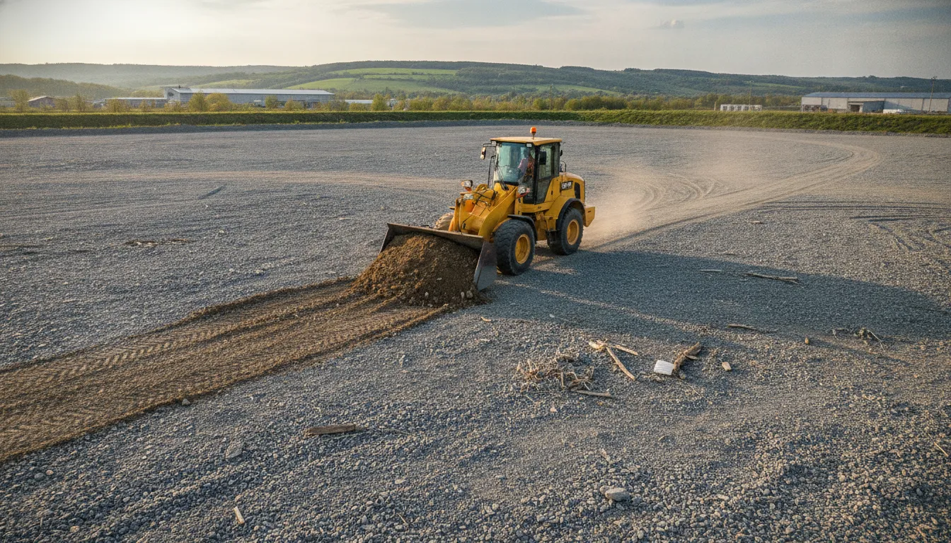 Skid steer loader with a pickup broom clearing dirt and debris from a gravel work area