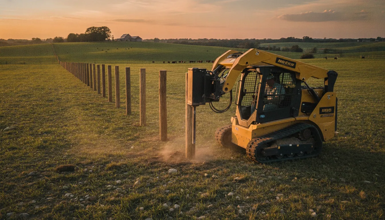 Skid steer post driver installing a wooden fence post on a farm