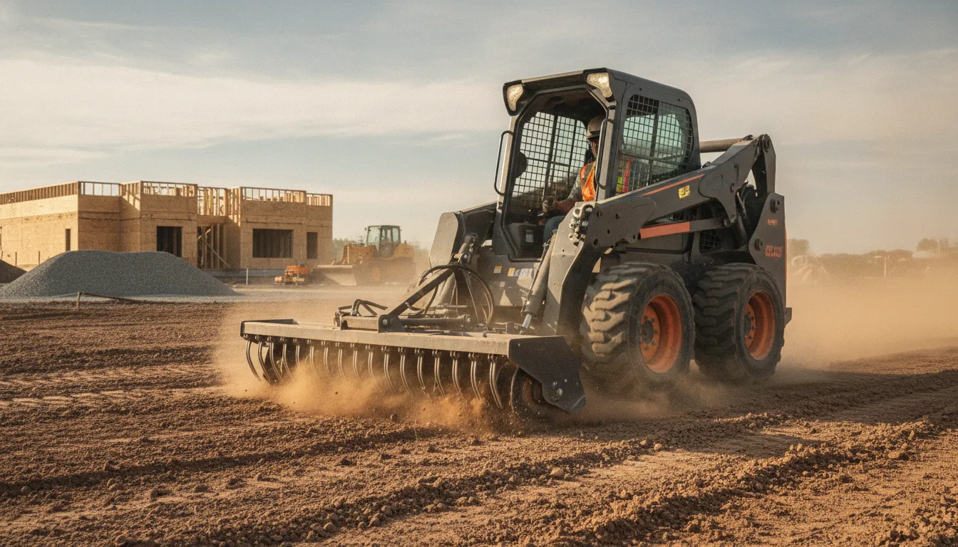 Skid steer operating a power rake attachment on a construction site grading soil for landscaping
